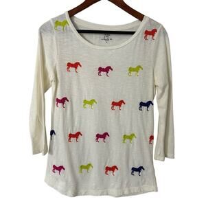 Crown & Ivy Cream Multicolor Embroidered Horse Zebra Shirt Size‎ Small